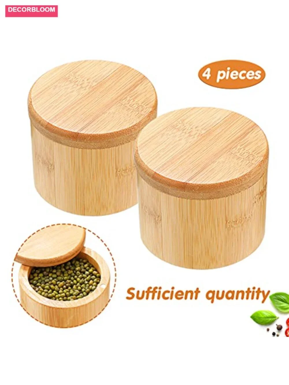 4 Pcs Bamboo Salt Cellar Spice Box with Magnetic Swivel Lid, Wooden Storage for